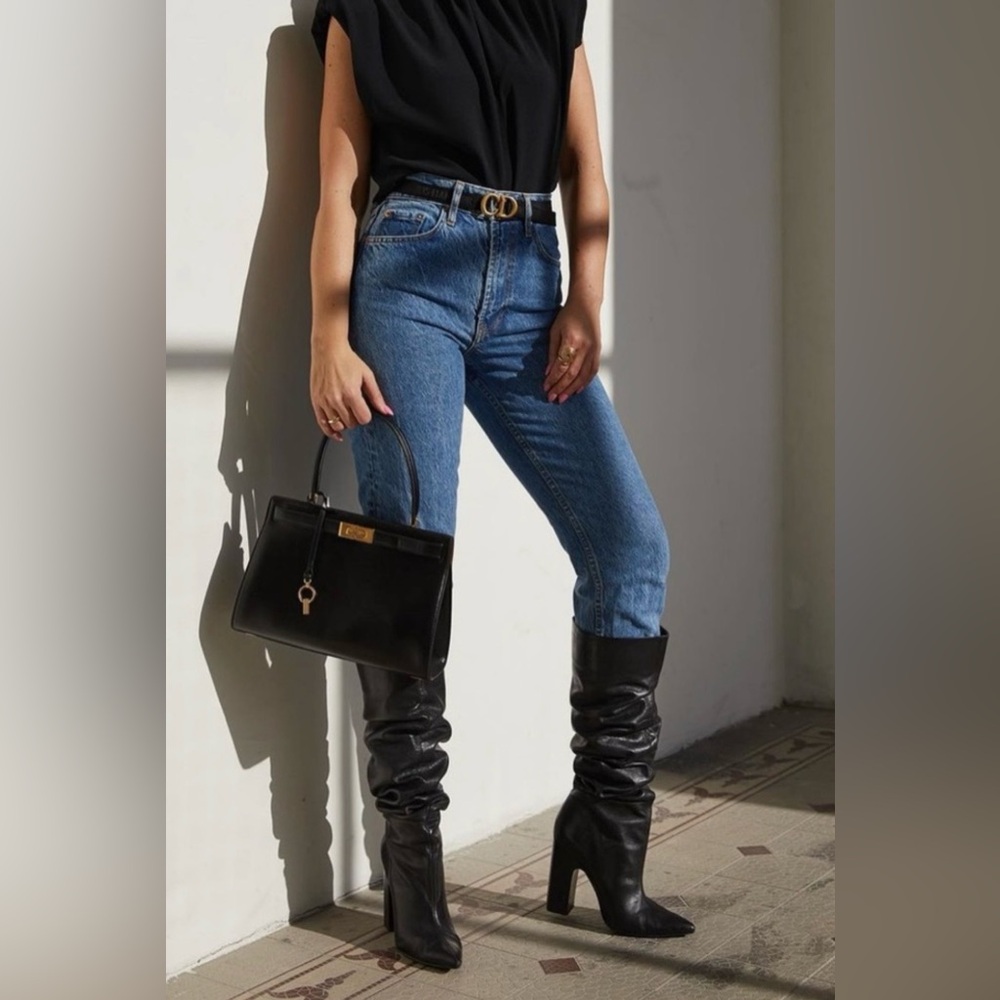 Zara Black Textured Knee-High Block Heel Boots - Picture 3 of 16